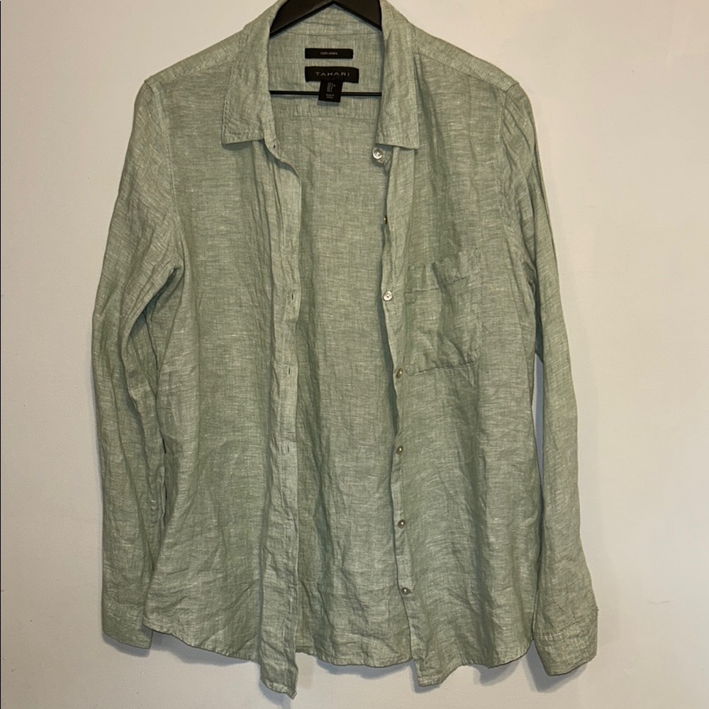 Tahari Green Button Down Linen Shirt